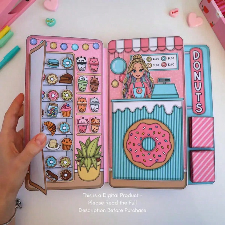 Art Craft Book - ชุดของเล่นจำลองร้านโดนัท, หนังสือสติกเกอร์บ้านตุ๊กตากระดาษ DIY, ชุดงานฝีมือหนังสือเงียบสำหรับเด็ก, ชุดตัดและทำของเล่นแฮนด์เมด