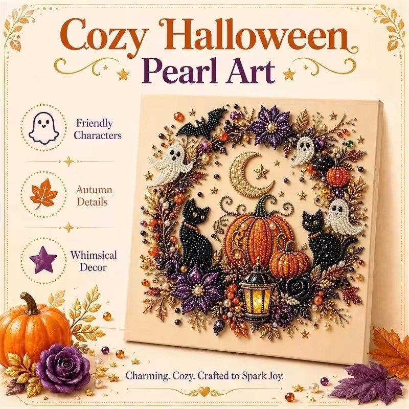 Art Craft Halloween - ชุดงานศิลปะไข่มุกผีฮาโลวีนสำหรับผู้ใหญ่ ชุดงานฝีมือวาดภาพไข่มุก DIY เหมาะสำหรับผู้เริ่มต้น ตกแต่งผนังด้วยศิลปะไข่มุกเพชรฮาโลวีน