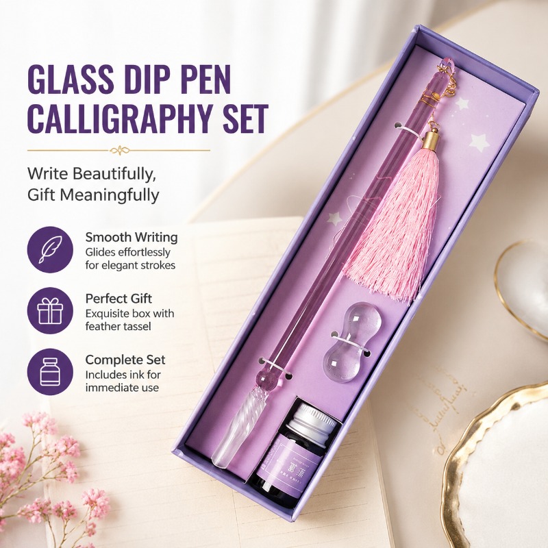Calligraphy Pen Set - ชุดปากกาแก้วสำหรับเขียนพู่กันจีนพร้อมหมึก, กล่องของขวัญปากกาทำมือพร้อมหมึกผงทอง, ปากกาพร้อมพู่ขนนกสำหรับนักเรียน