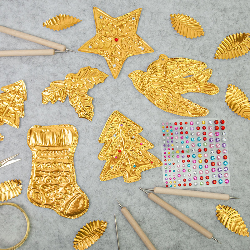Art Craft In Paper - ชุดเครื่องมืองานฝีมือกระดาษฟอยล์ทองคำและเงินสำหรับตกแต่งคริสต์มาสแบบนูนลาย DIY พร้อมจี้ตกแต่ง