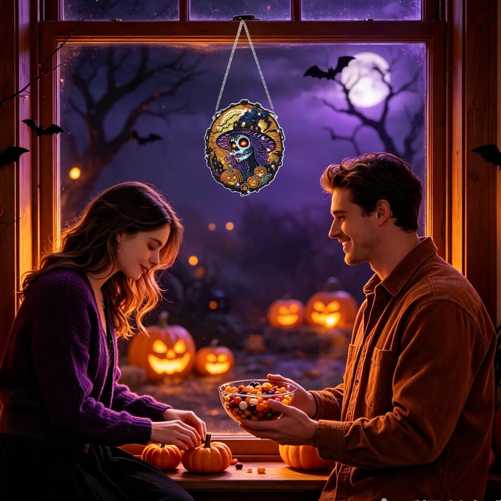 Art Craft Halloween - ชุดอุปกรณ์วาดภาพด้วยคริสตัลลายแม่มดฮาโลวีน งานฝีมือคริสตัลสไตล์กอธิค จี้ตกแต่งประตูหน้าบ้าน