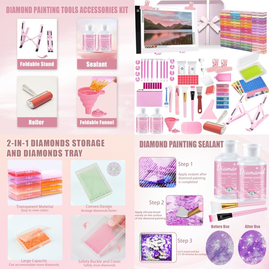 Diamond Painting Kit - ชุดอุปกรณ์วาดภาพเพชรแบบครบชุด 185 ชิ้น ชุดอุปกรณ์เสริมงานศิลปะเพชร รวมถึงชุดแผ่นไฟ LED,