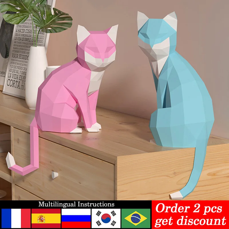 Art Craft Cat - 1 คู่คนรักแมวสัตว์ตกแต่งบ้าน Origami สีชมพูต่ําโพลีกระดาษ,3D Papercraft Art,
